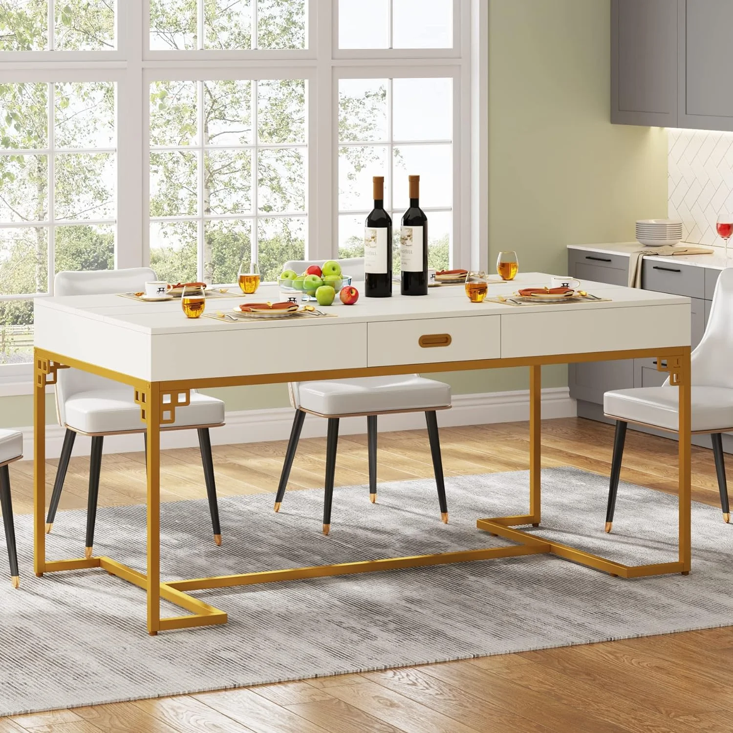 RUNFAYBIU 63 Inches Dining Table for 4 to 6  Rectangular Kitchen Table with 2 Drawers  Modern Dinner Table with Gold Metal Frame for Dining Room