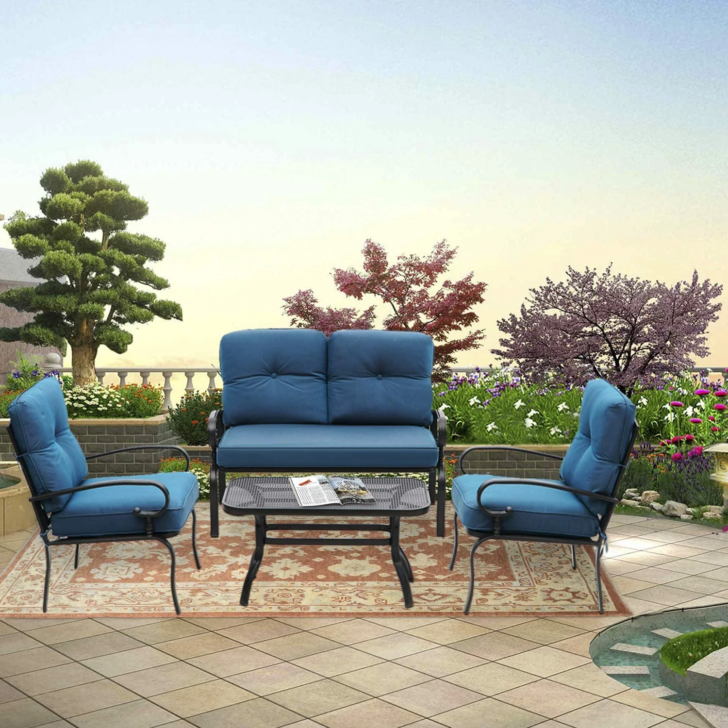 SOLAURA 4-Piece Outdoor Furniture Patio Metal Conversation Set with Peacock Blue Cushions