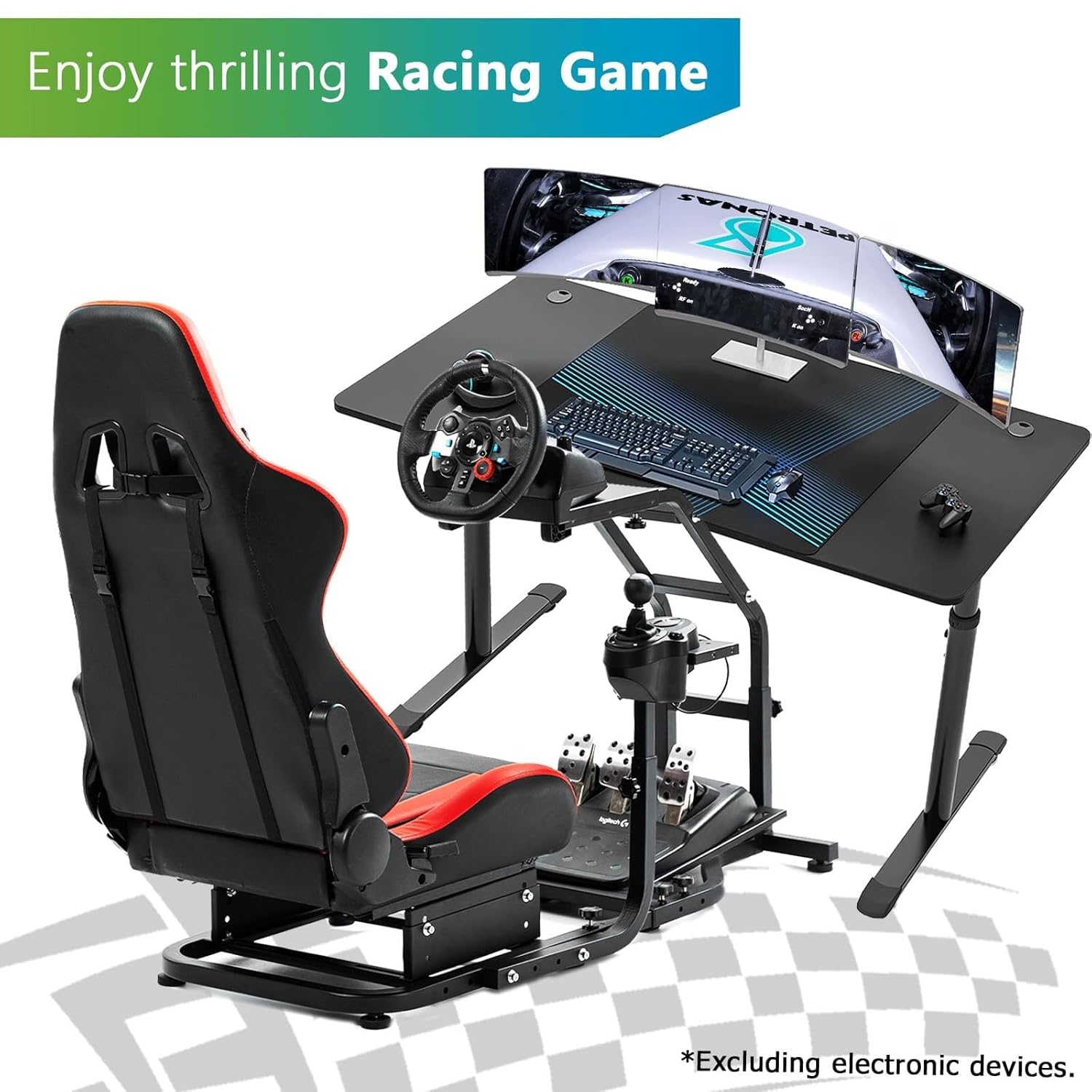 Steering Wheel Stand Racing Cockpit with Red Seat Unobstructed Design for Both Legs Fit for Logitech/Thrustmaster G29,G920,G923,G25,T300RS,T80