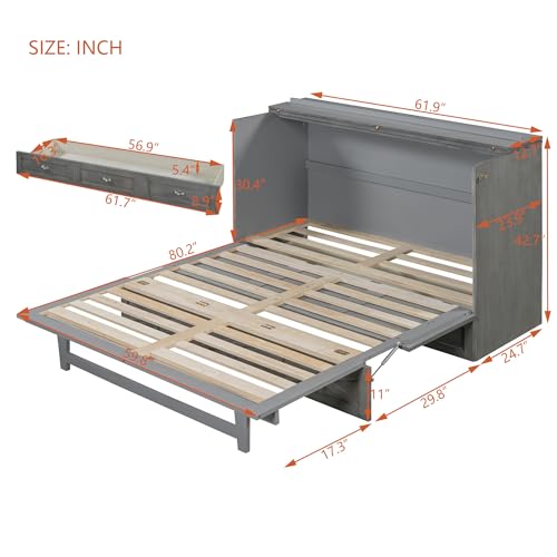 Harper & Bright Designs Full Size Murphy Bed Wall Bed, Solid Pine Murphy Bed Chest Cube Cabinet Bed with USB