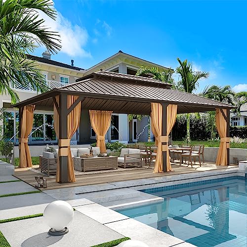 MELLCOM 10'x13' Hardtop Gazebo with Polycarbonate Double Roof, Aluminum Frame Outdoor Gazebo Permanent Pavilion with Curtains and Netting for Patio