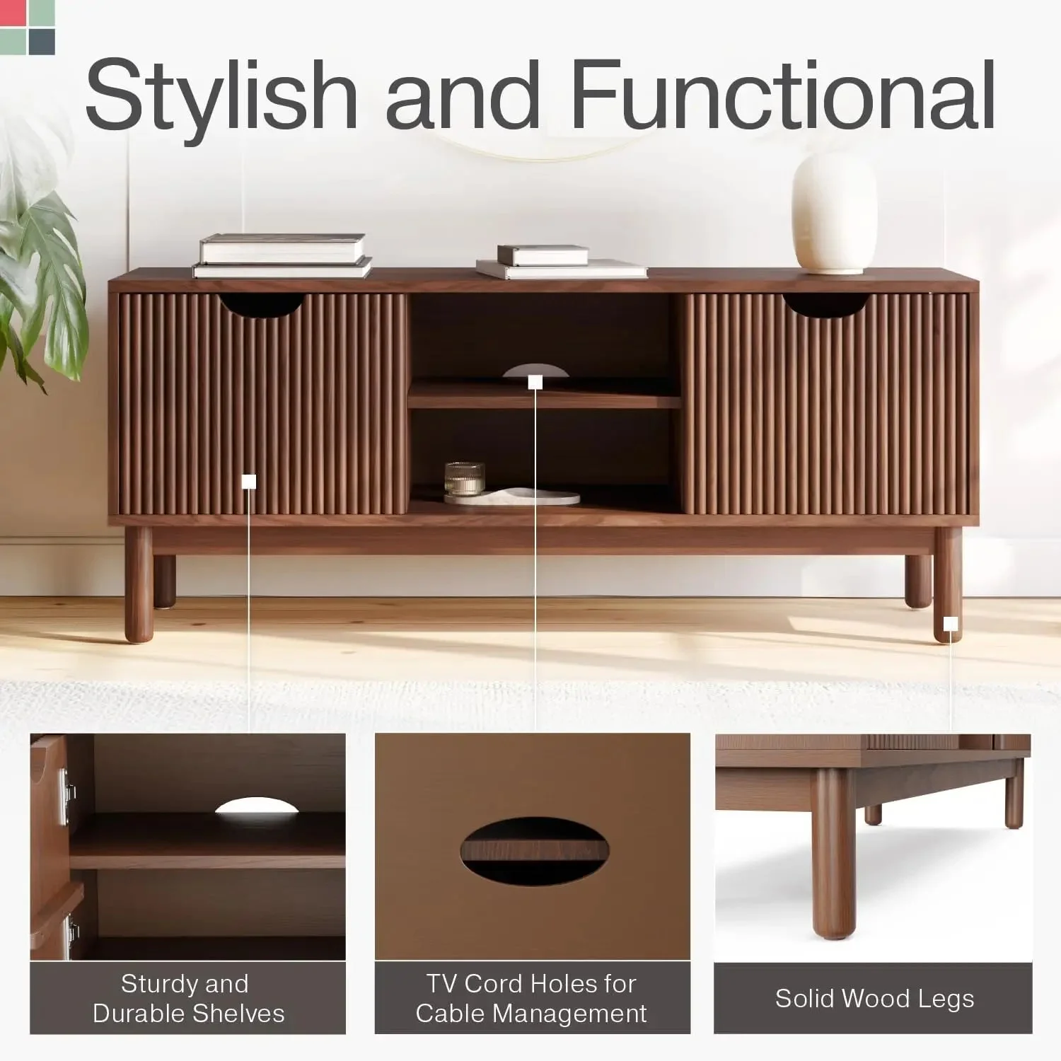 Low Profile Fluted TV Stand - Mid Century Media Console - Living Room Furniture - 48&rdquo; Entertainment Center with Shelves