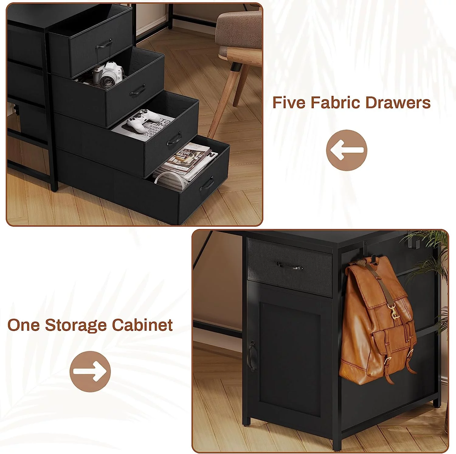 L Shaped Desk with 5 Drawer and Power Outlet, 63" Reversible Computer Desk with Monitor Shelf, Storage Cabinet, Black