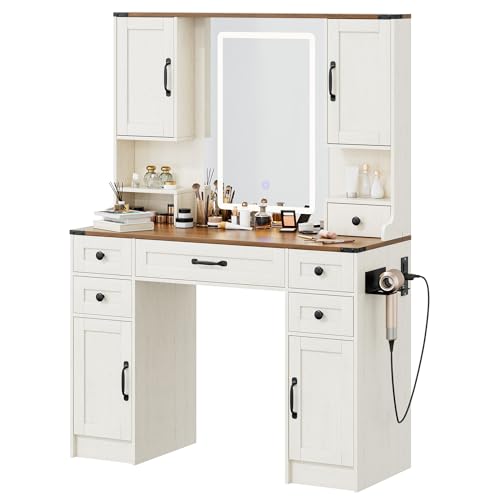 NUNU LAB 42 Inchs Large Vanity Desk with Mirror and Lights with 6 Drawers and 4 Cabinets, Big Women Makeup Table with Power Outlet
