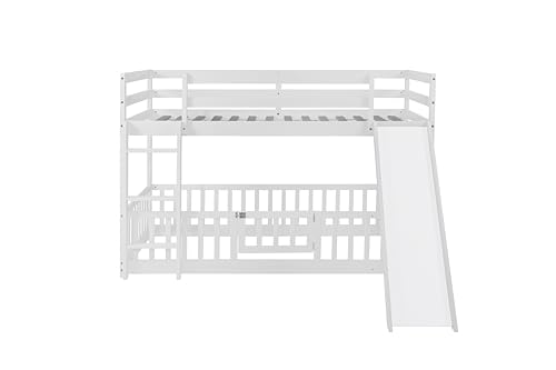 Full-Over-Full Castle Style Bunk Bed with 2 Drawers and 3 Shelves, Wood Bunk Bed Frame with Slide and Storage Staircase for Kids Teens Boys Girls