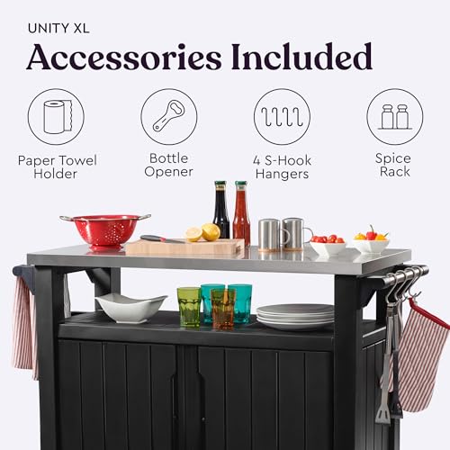 Keter Outdoor Rolling Table Cart for Food Prep, Storage, Bar & Grill, Dark Brown - Portable Kitchen Island Tabletop with Wheels for Drinks, Snacks
