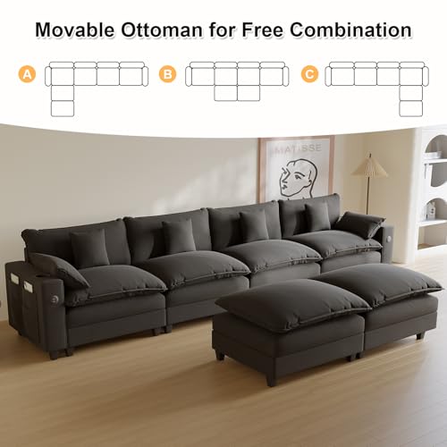 Modular Sectional Sofa, Cloud Couch with Ottoman, Charging Station, Throw Pillows, Cup Holders, Modern Convertible U Shaped Couches for Living Room