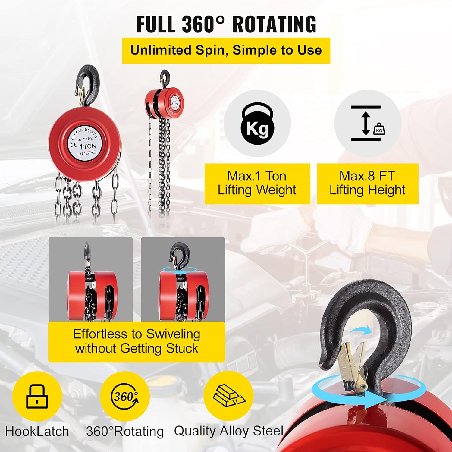 VEVOR Hand Chain Hoist, 2200 lbs /1 Ton Capacity Chain Block, 8ft/2.5m Lift Manual Hand Chain Block