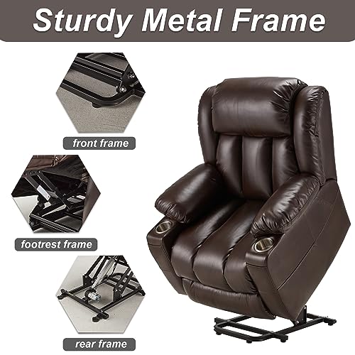 Large Power Lift Recliner Chair Genuine Leather for Elderly with Massage and Heating Function, Lazy Boy Convertible Chair with Cup Holders, USB Ports