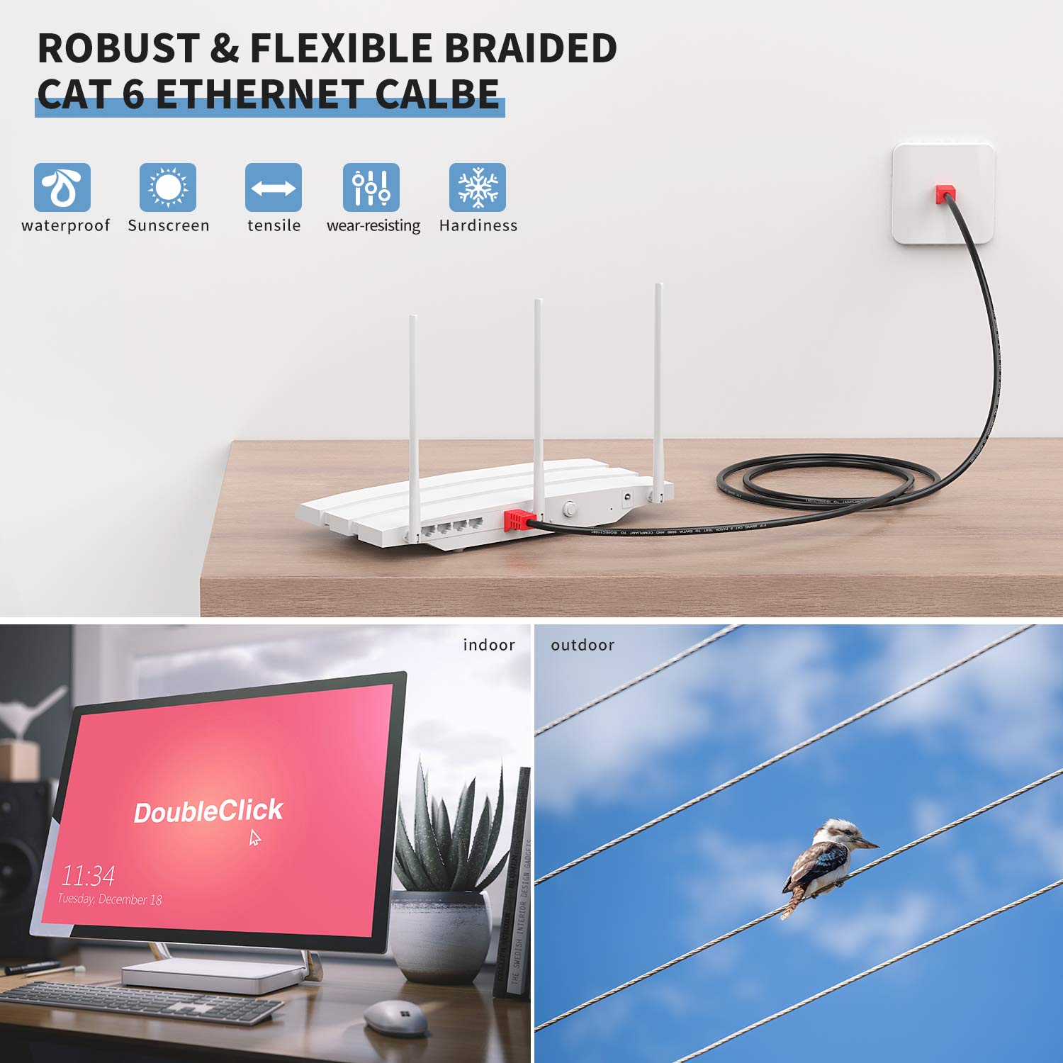 Outdoor Cat 6 Ethernet Cable 350ft, XXONE 26AWG Heavy-Duty Cat6 Networking Cord Patch Cable RJ45 LAN Wire Cable FTP Waterproof Direct Burial