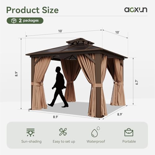 Aoxun 12'x10' Hardtop Gazebo, Aluminum Frame Permanent Pavilion with Curtains and Netting, Outdoor Polycarbonate Double Roof Canopy