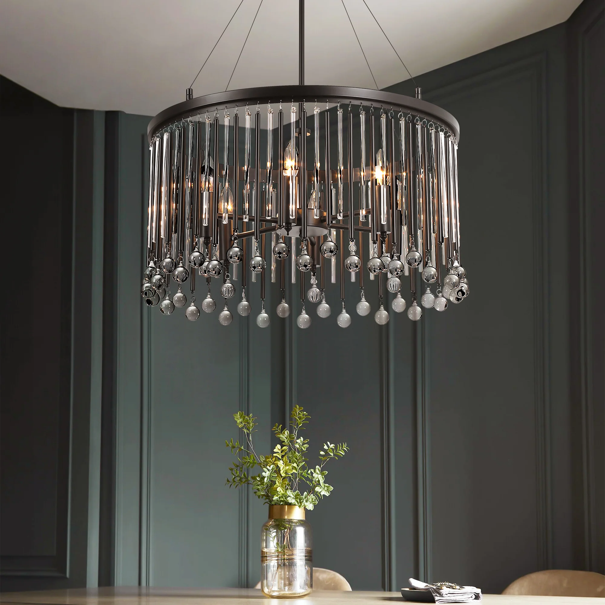 Velroa 6-Light Dimmable Crystal Transitional Drum Shaded Chandelier (24)