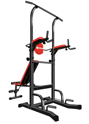 Multifunction Power Tower with Bench Pull Up Bar Dip Station for Home Gym Squat Rack Adjustable Workout Strength Training Home Fitness Equipment 440LB