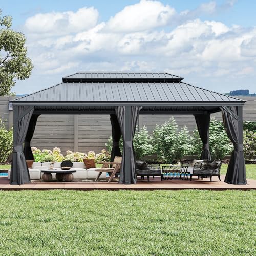 Domi 10’ x 10’ Hardtop Gazebo Metal Frame Canopy with Netting & Curtains