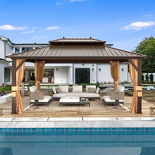 MELLCOM 10'x13' Hardtop Gazebo with Polycarbonate Double Roof, Aluminum Frame Outdoor Gazebo Permanent Pavilion with Curtains and Netting for Patio