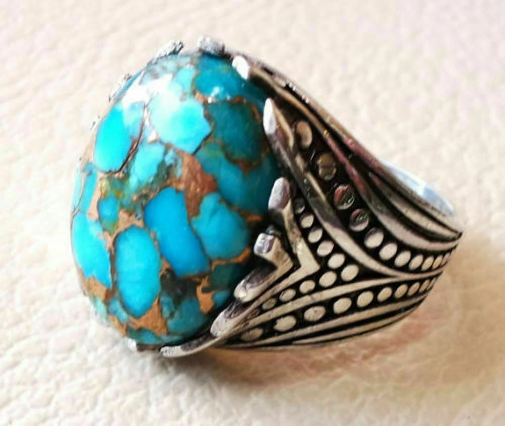 925 Sterling Silver Certified Handmade Copper Turquoise Gemstone Mens Gift Ring