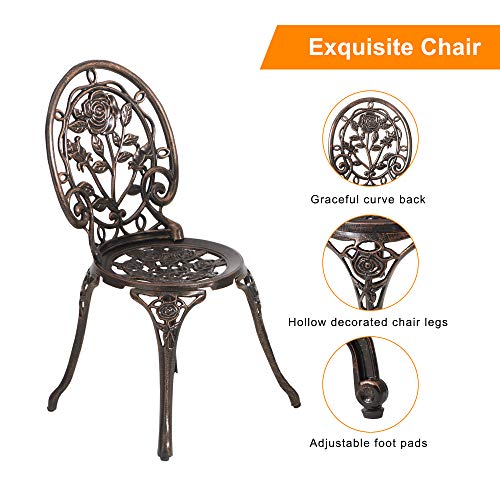 HOMEFUN Bistro Table and Chairs Set of 2 Outdoor 3 Piece Patio Set, Rose Pattern Cast Aluminum Bistro for Garden Balcony