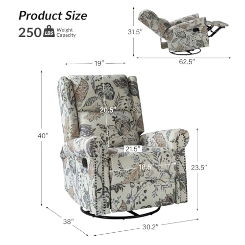 HULALA HOME Printed Fabric Set of 2 Manual Swivel Glider Recliner, Recliner Chair with Adjustable Backrest&Footrest, Wingback Rocker Recliner