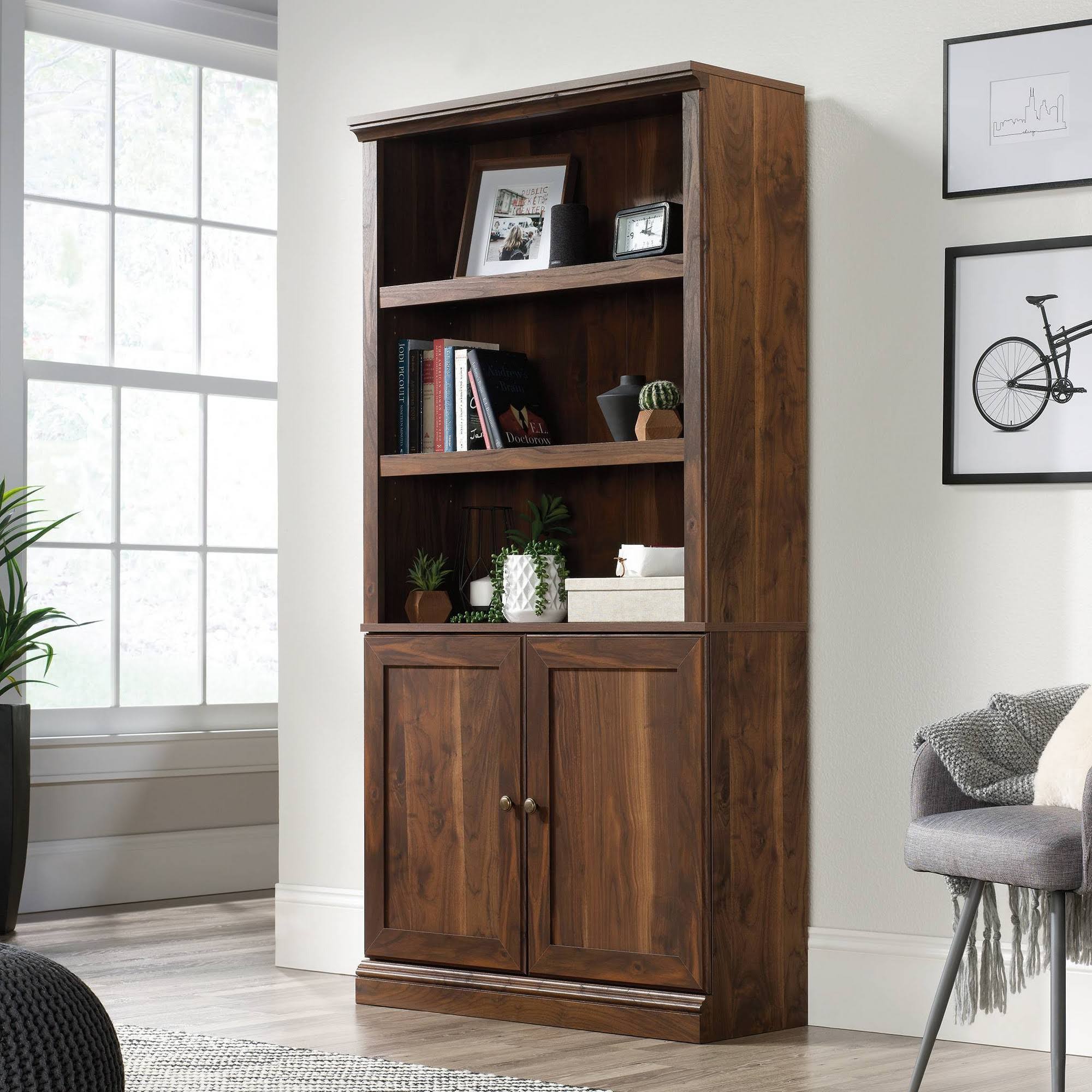 Sauder 5-Shelf Bookcase with Doors in Grand Walnut