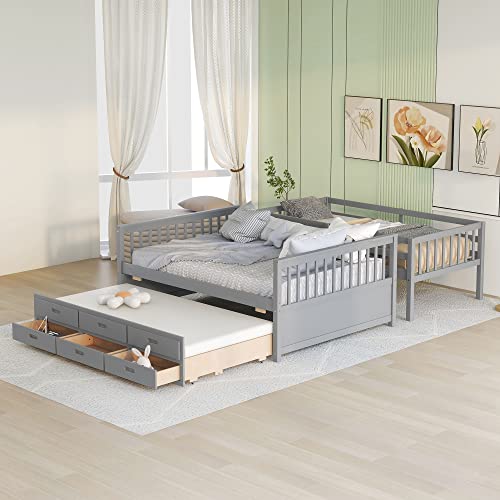 Harper & Bright Designs Twin Over Twin Bunk Bed with Storage Drawers, Solid Wood Bunk Bed Frame with Trundle, for Kids, Teens, Adults (Espresso)