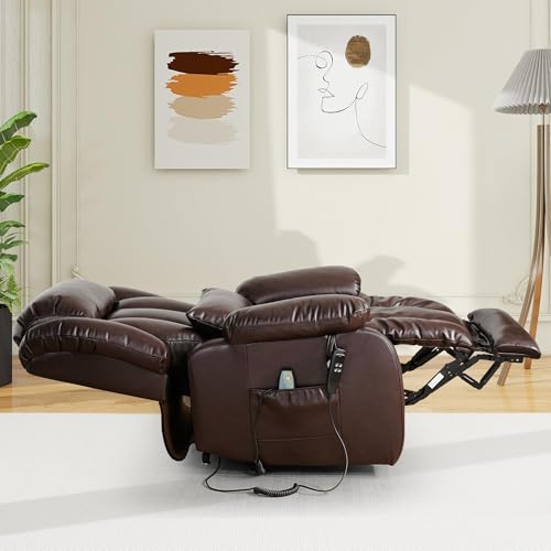 EDILLY Large Genuine Leather Power Lift Recliner Chairs for Elderly, Dual Motor with Massage and Heating,Double Lumbar Cushion and Extended Footrest