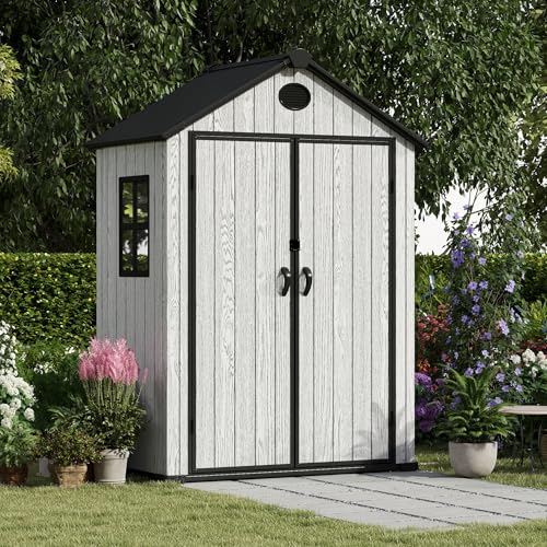 4.4x6 FT Resin Outdoor Storage Shed, 230 Cuft Garden Tool Sheds & Outdoor Storage Plastic Shed with Floor