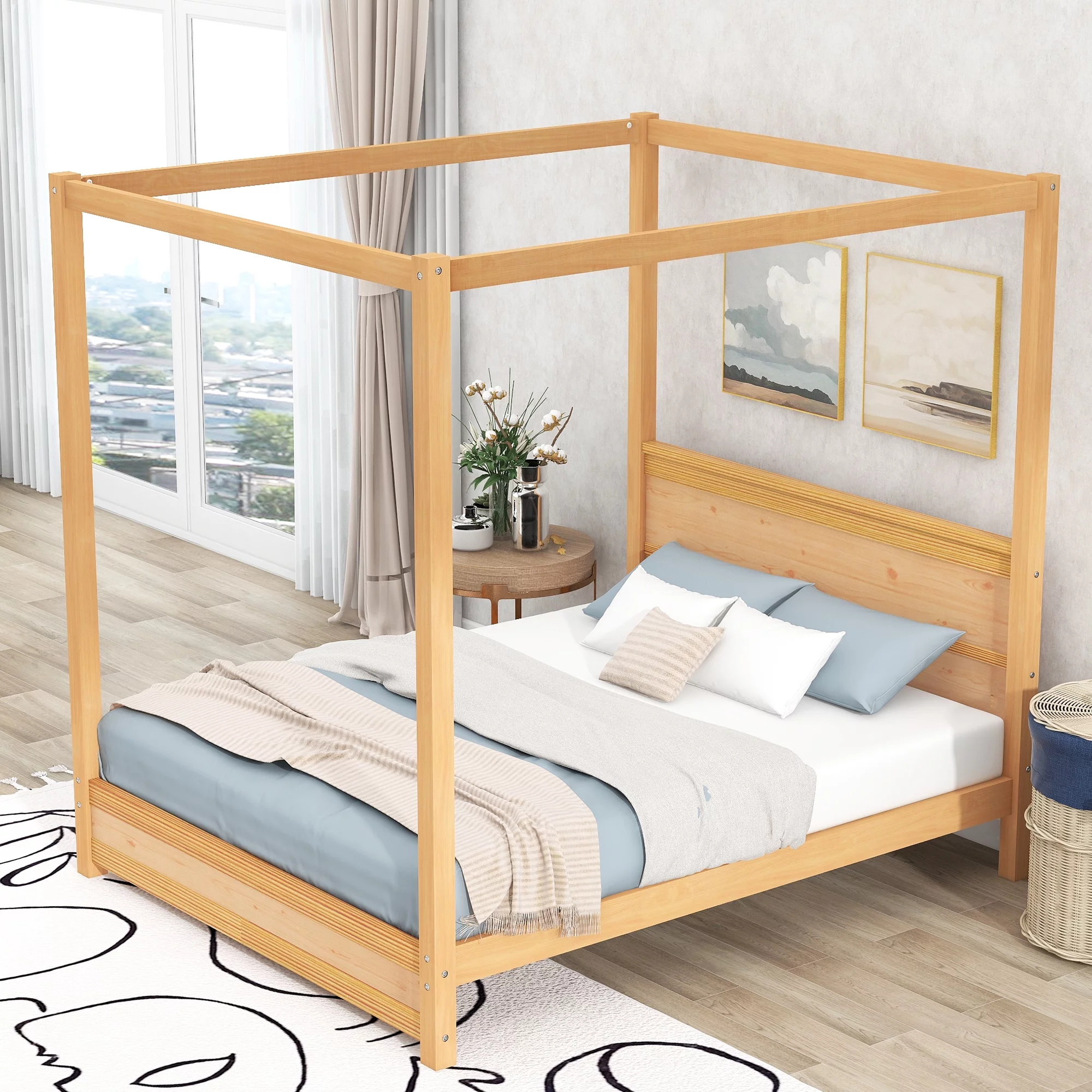 EUROCO Wood Queen Size Canopy Platform Bed with Headboard for Bedroom, Natural