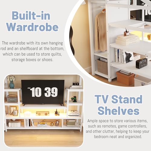 Queen Loft Bed with L-Shaped Desk and Stairs,Metal Queen Size LoftBed with Wardrobe and Adjustable Shelf, Gaming Bed with LED and USB