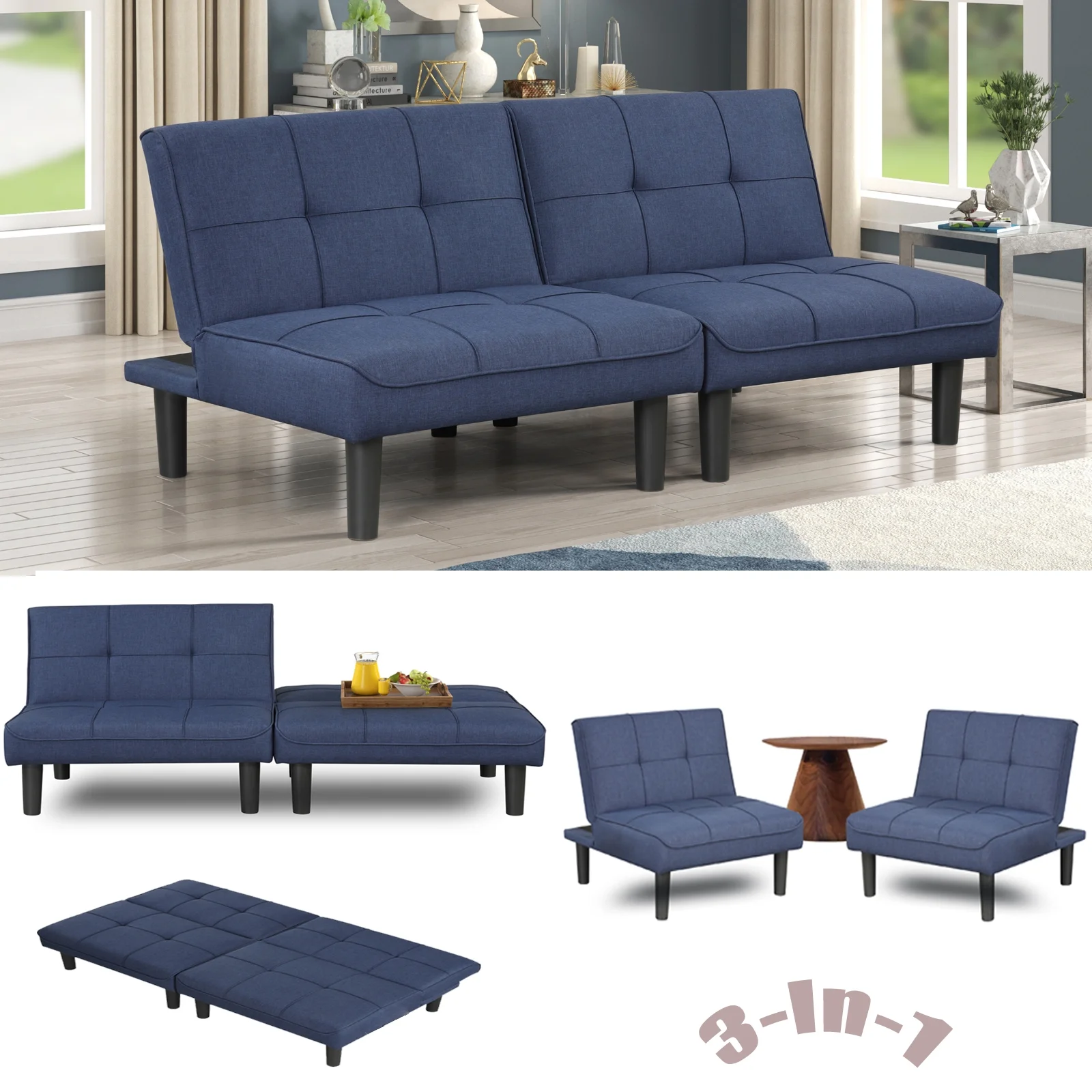 OUllUO 3-In-1 Convertible Futon Sofa Bed Twins, Loveseat Futon Couch Daybed with Folding Adjustable Backless