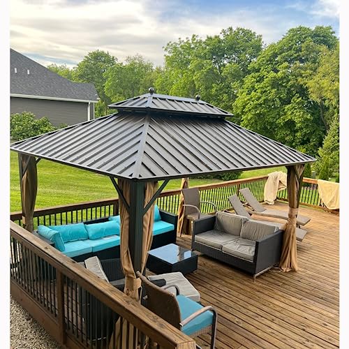 YOLENY 10' x 12' Hardtop Gazebo, Metal Gazebo with Aluminum Frame, Double Galvanized Steel Roof, Curtains and Netting Included
