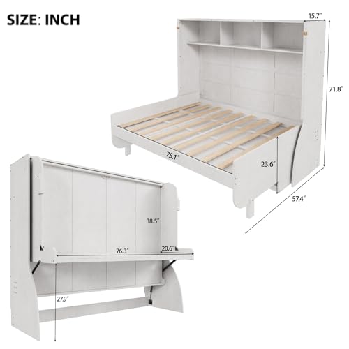 Full Size Murphy Bed with Desk, Horizontal Wall Bed with Storage Shelves, Solid Wood Cabinet Murphy Bed Full Size, Antique White