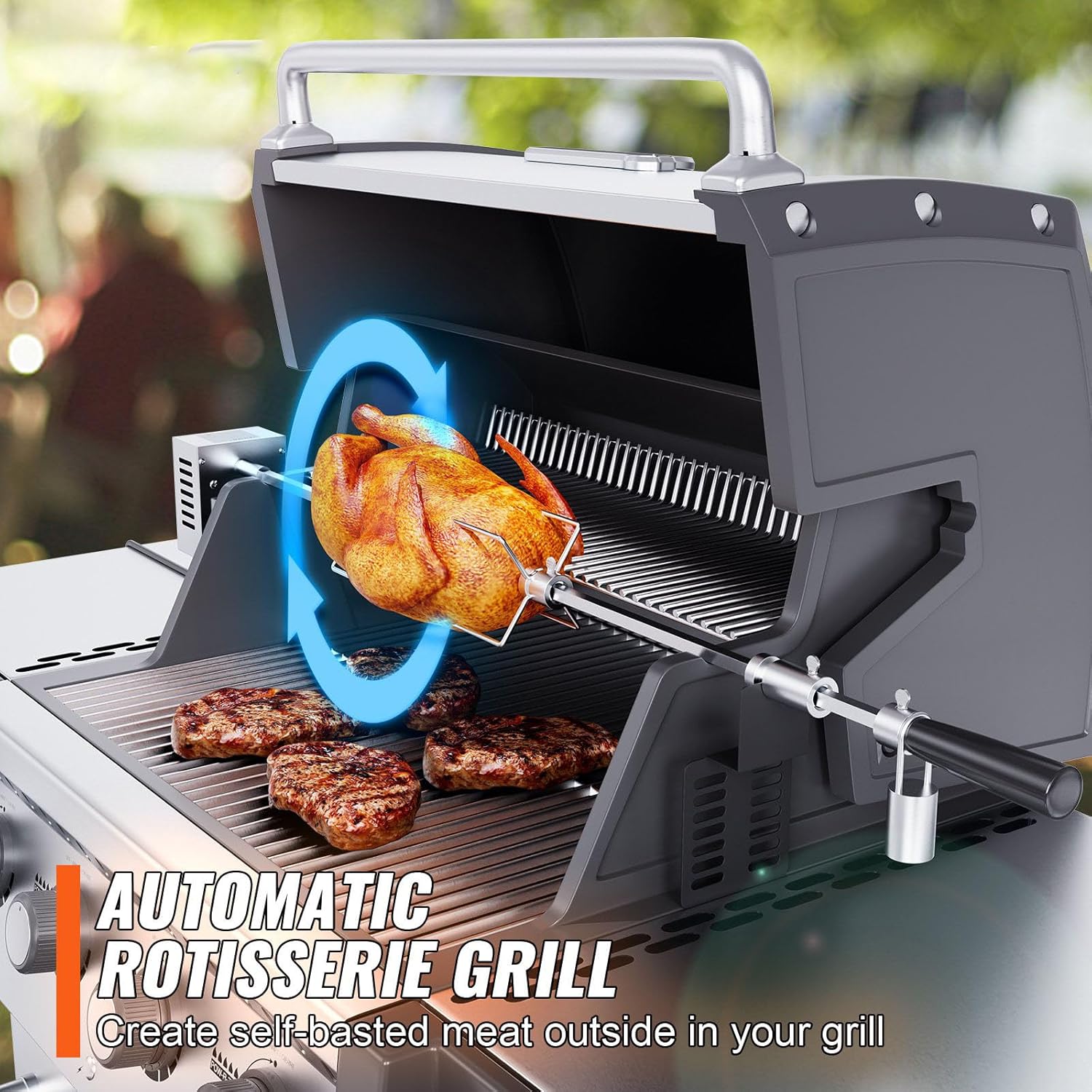 Heavy Duty Stainless Steel Grill Rotisserie Kit with 9W Motor - Automatic Grilling Attachment for Electric Bbq Grill