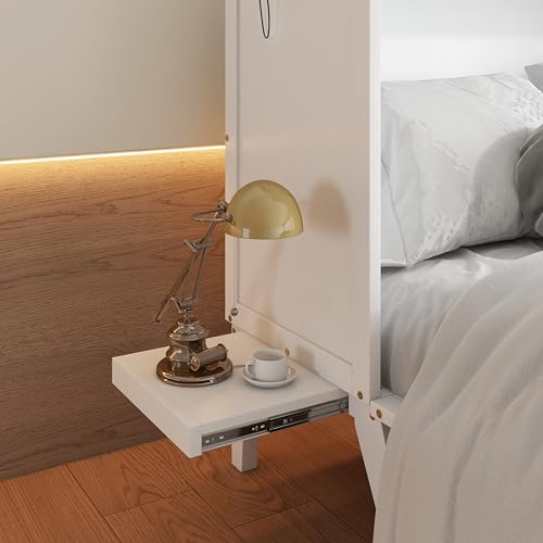 KEIKI Queen Size Cabinet Murphy Bed with Charging Station and Drawer, Multiple Storage Foldable Hideaway Wall Murphy Bed Frame with Solid Slat