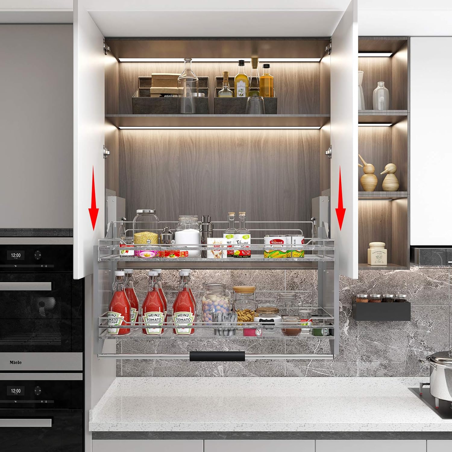WHIFEA Pull-Down Dish Rack System Spice Rack Kitchen Shelf 2 Tier Upper Cabinet Pull-Out Organizer (For Cabinet Width ≥34 1/4'')