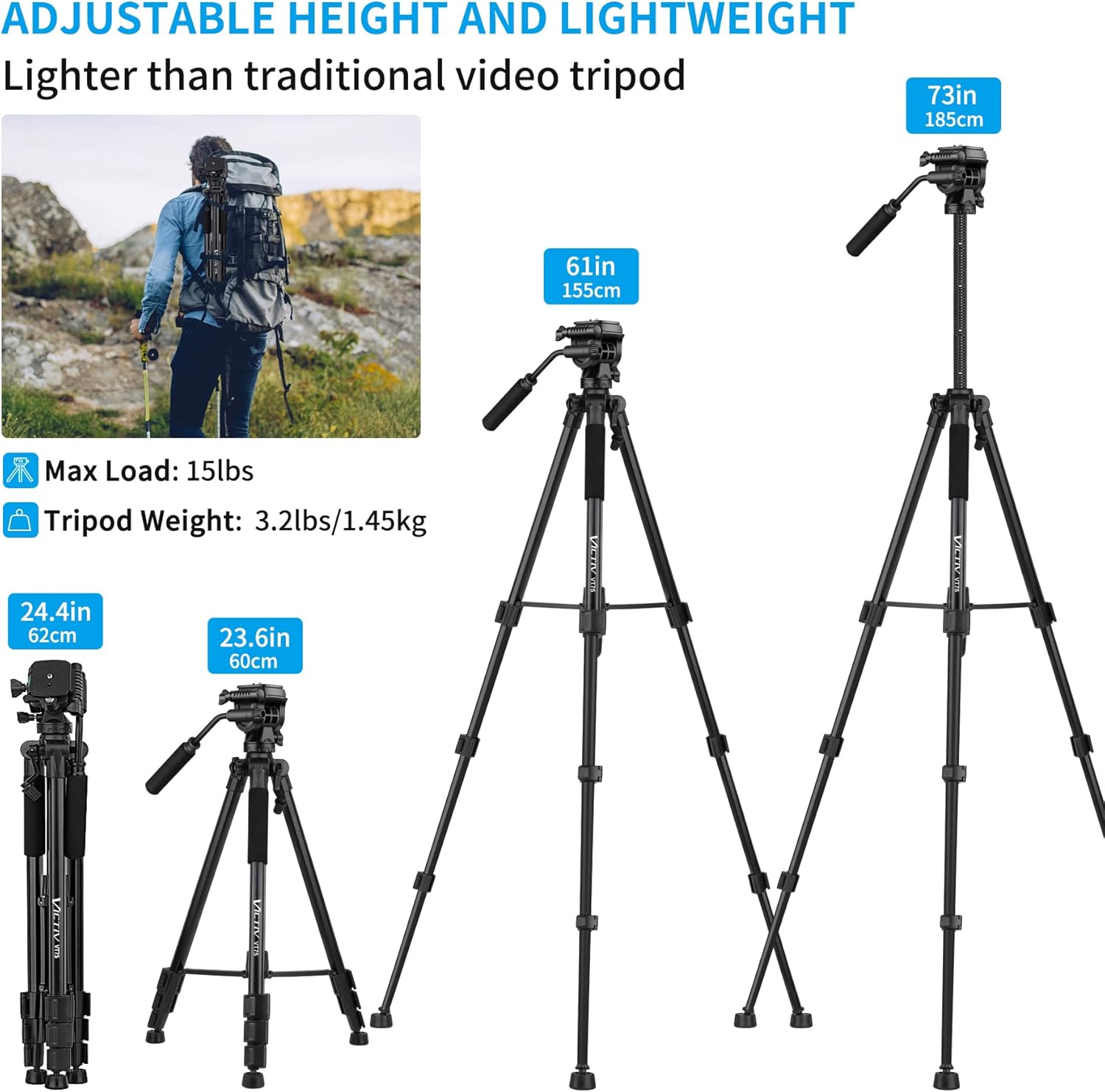 Tripod, 73 inch Tripod for Camera 15 lbs Loads with Fluid Head, 2 Quick Release Mounts and Tablet & Phone Mount Pack of 2