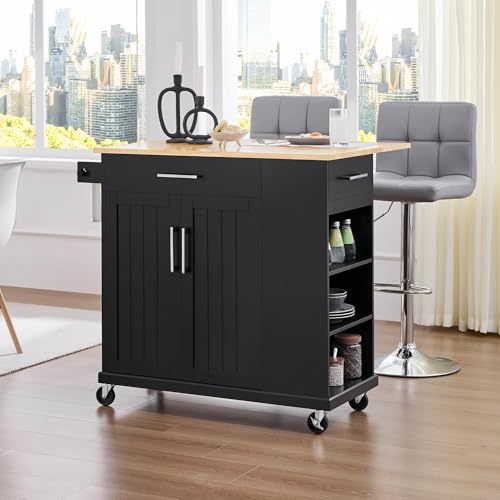 Yaheetech Rolling Kitchen Island Cart with Drop Leaf, Portable Rubberwood Breakfast Bar with Storage Cabinet, Open Shelves & Detachable Towel