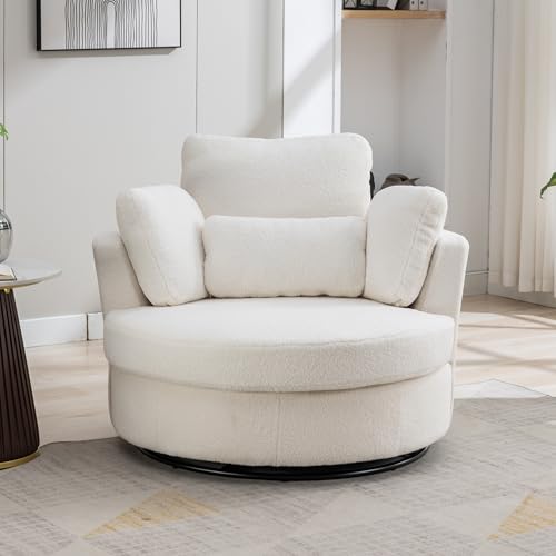 Aoiy & Wifon 42.2" W Oversized Swivel Barrel Chair with Ottoman, Upholstered Round Accent Chair with Storage Ottoman, Chenille, Beige