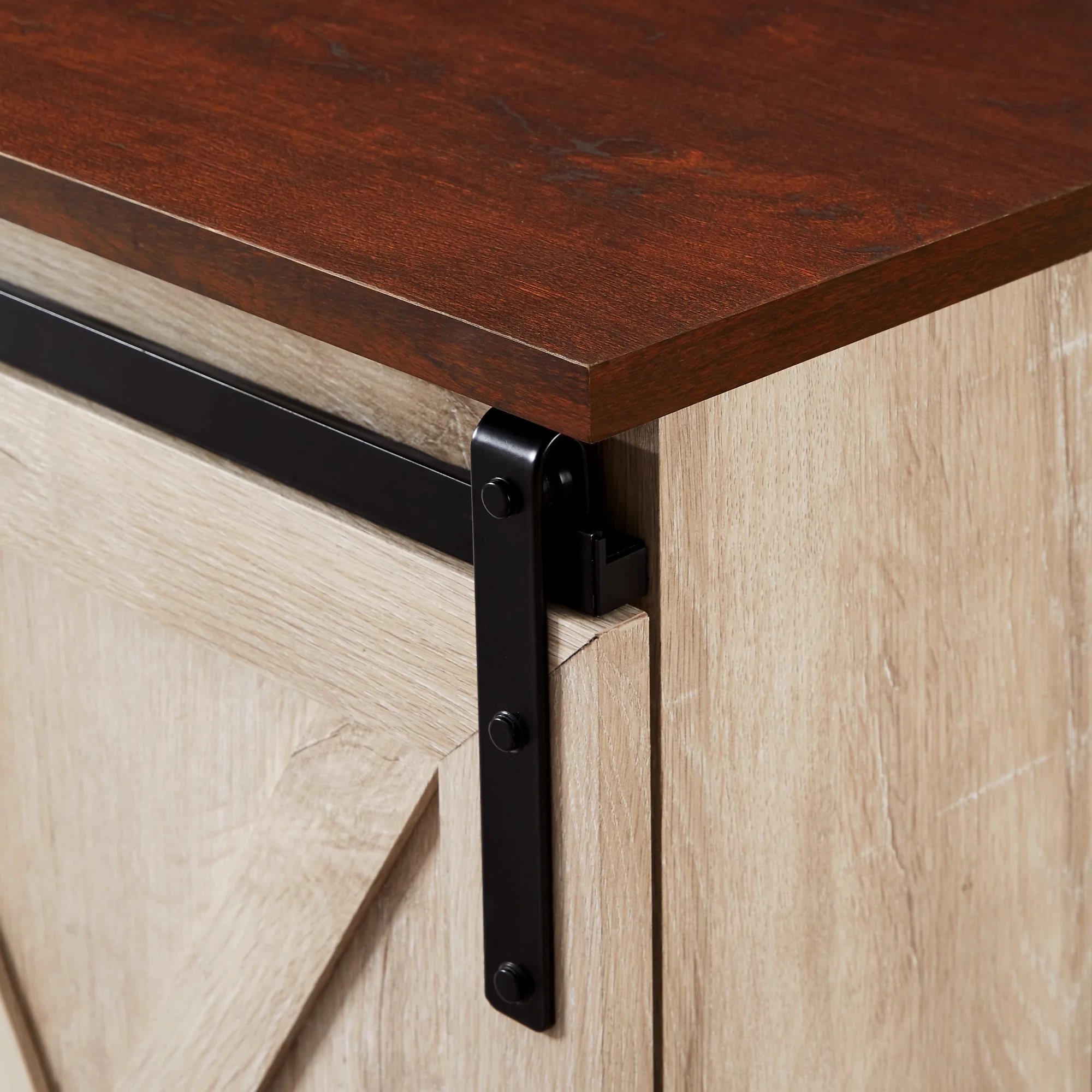 Walker Edison Modern Farmhouse Sliding Door Corner TV Stand, White Oak