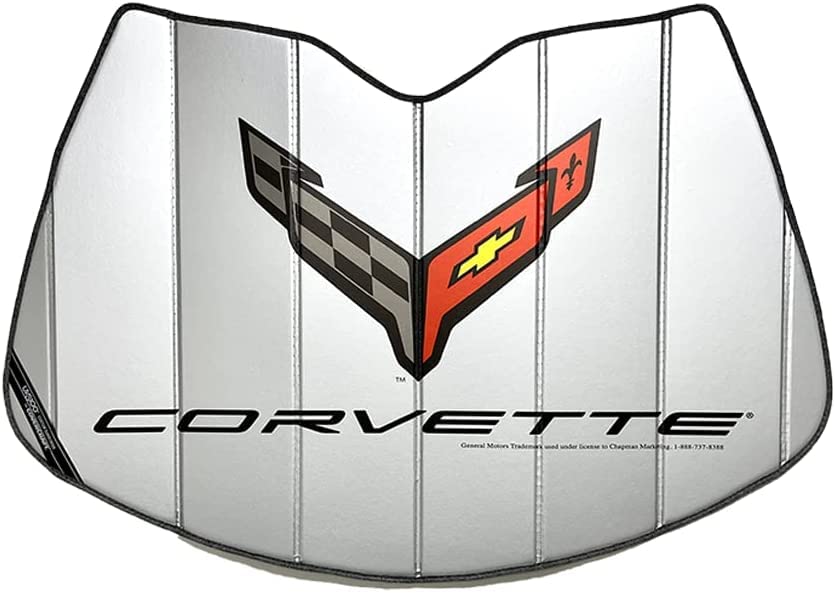 C8 Corvette Accordion Style Sunshade - Insulated Silver Windshield Sun Shade with Logo Foldable for 2020-2025 Stingray, Z51, Z06, E-Ray Corvettes