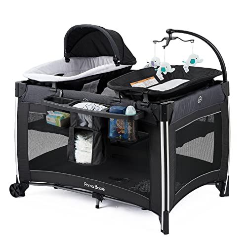 Pamo Babe 4 in 1 Portable Baby Crib Deluxe Nursery Center, Foldable Travel Playard with Bassinet, Mattress, Changing Table for Newborn, Infant
