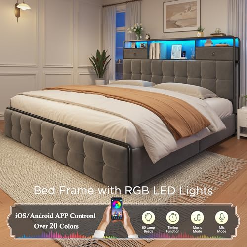 EnHomee King Size Bed Frame with 4 Storage Drawers King Bed Frame with Headboard Built in Charging Station and LED Lights, No Noise