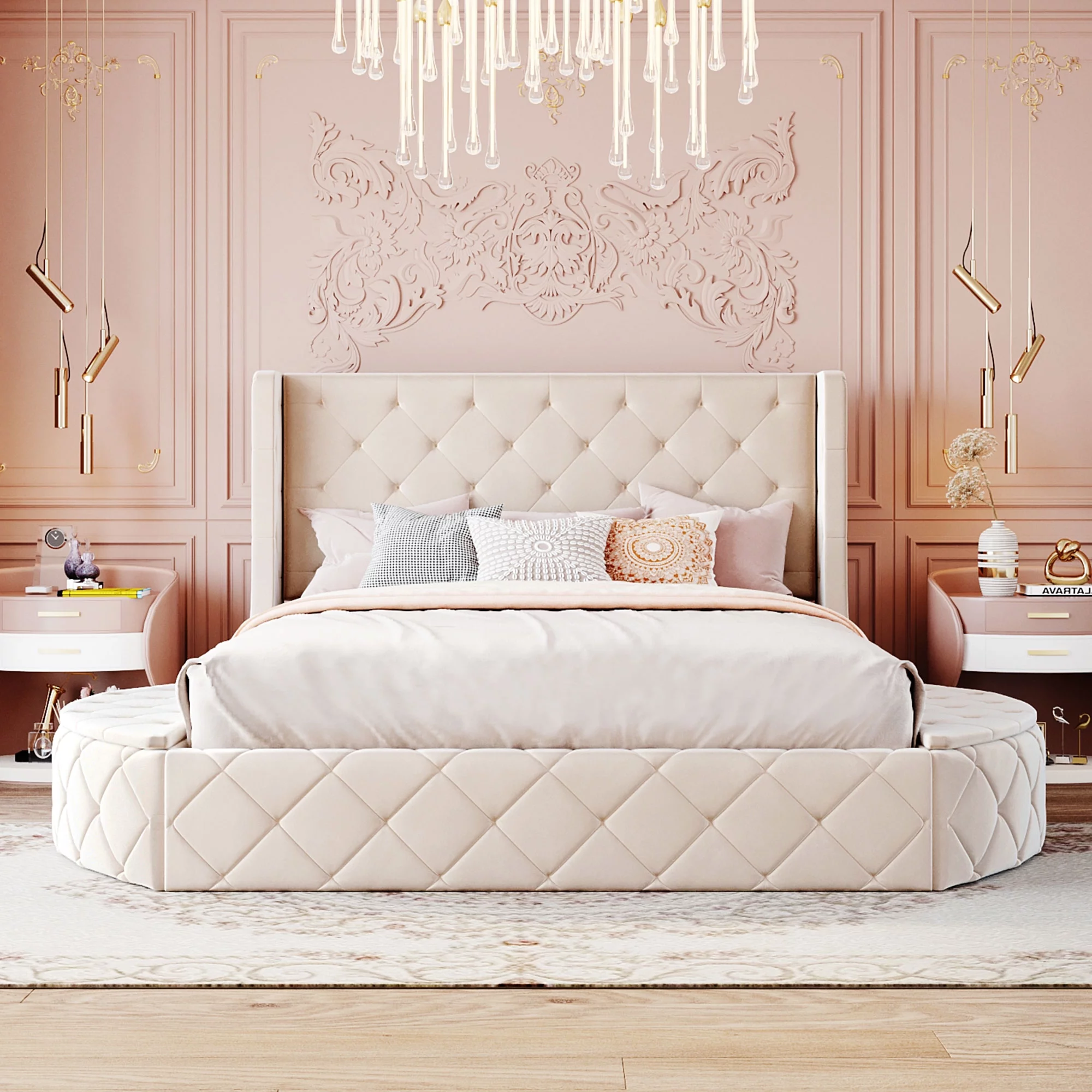 Churanty Queen Upholstered Storage Velvet Platform Bed with Wingback Headboard,Storage Platform Bed Frame with Drawer and 2Side Storage Stool,Beige