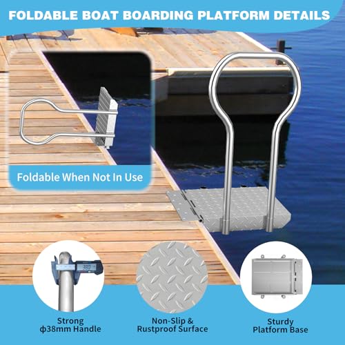 Boat Boarding Platform with Handrail, Foldable Dock Boarding Platform with Handle(500LBs Capacity,Silver)