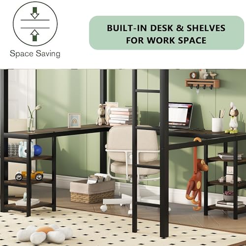 Harper & Bright Designs Full Size Loft Bed with Wardrobe and L-Shaped Desk, Metal Loft Bed with Storage Cubes, Cabinet, Shelves for Kids Teens, White