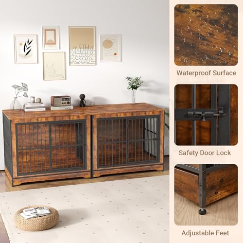 Rovibek Double Dog Crate Furniture, 86 Inch, 2 Dog Crate with Removable Divider & Trays, Furniture Style Dog Cage for 2 Dogs Indoor with Three Doors