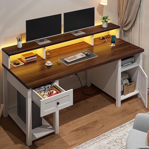EnHomee Farmhouse Office Desk with Drawer & Power Outlets, Wood Computer Desk Monitor Stand for Bedchamber Study