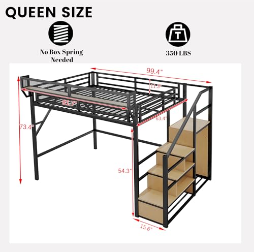 Full Size Loft Bed with Desk and Stairs, Heavy-Duty Steel Loft Bed Frame with Wardrobe & LED Light