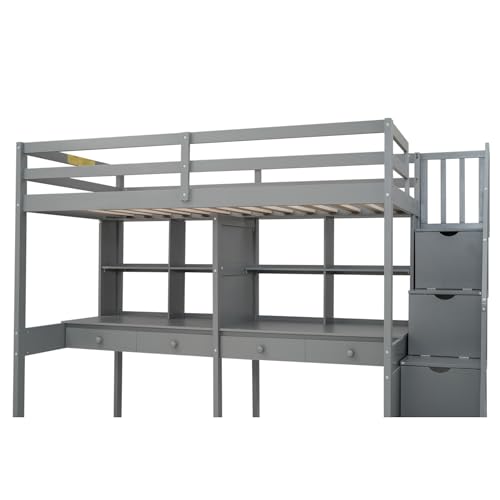 Loft Bed Twin Size with Storage Stairs and Double Desks, Wood Loft Bed Frame with Storage Shelves