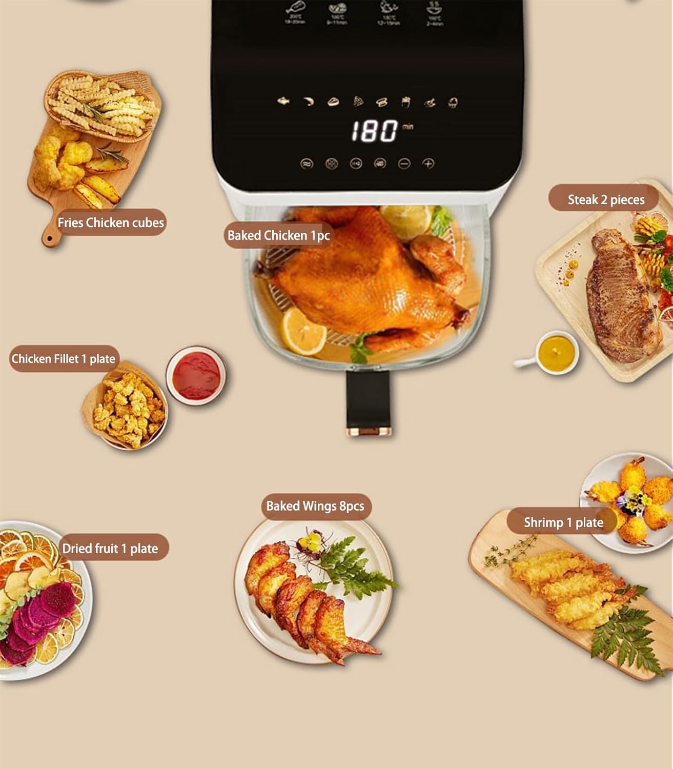 Air Fryers 8L Air Fryer Oven With Led Digital Touch Screen Glass Air Fryer Convection Oven Presets Fry, Roast, Dehydrate, Bake, regular, white, KQZG-1
