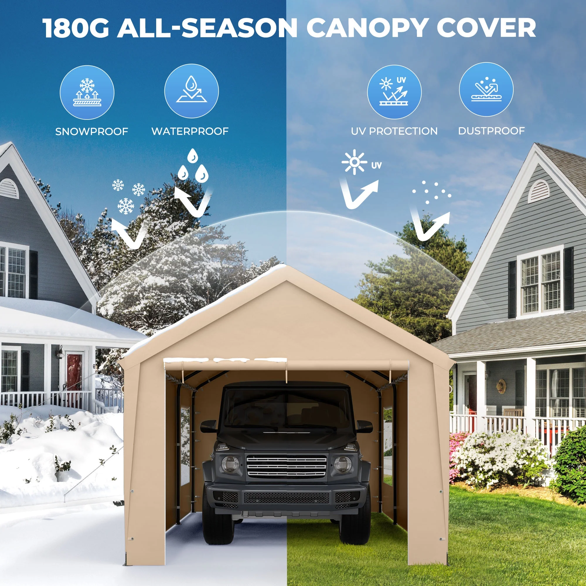 SERWALL 12 x 20 ft Heavy Duty Steel Car Carport Canopy Tents with Window for Outside Party, Beige
